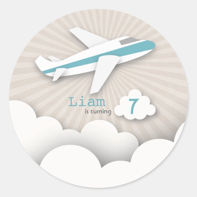 Adesivo Redondo Vinheta de Festa de aniversário de avião azul (Frente)
