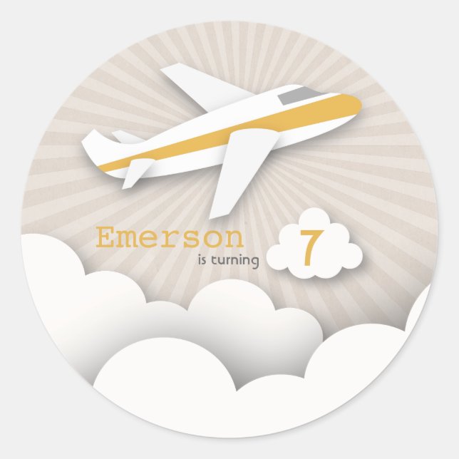 Adesivo Redondo Vinheta de Festa de aniversário de avião laranja (Frente)