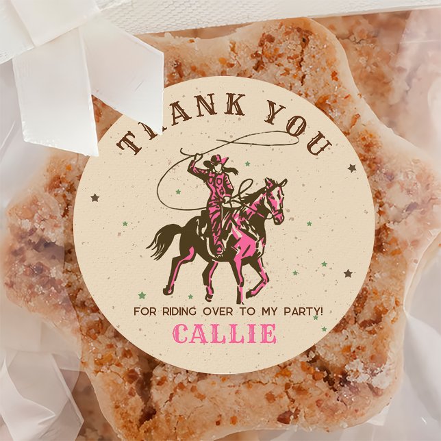 Adesivo Redondo Vinheta de Festa de aniversário de Cowgirl Ocident (Criador carregado)