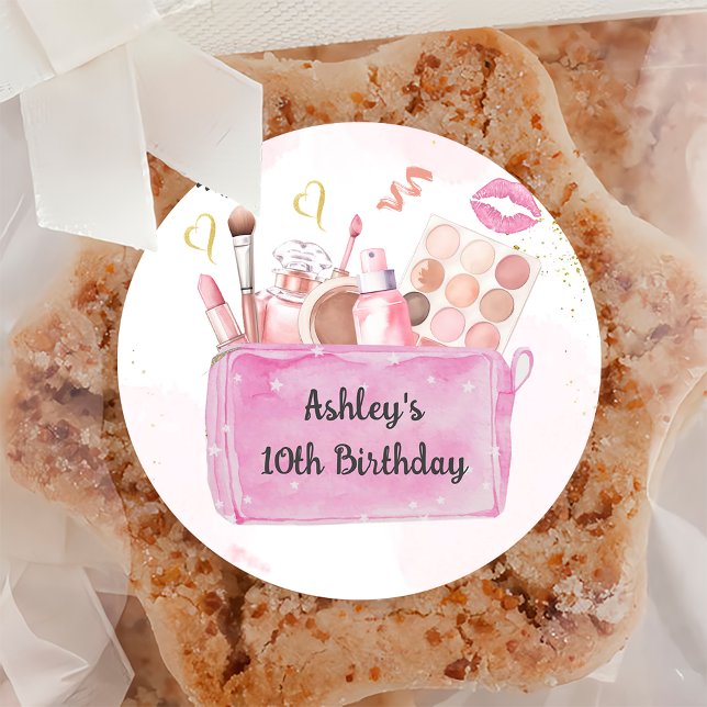 Adesivo Redondo Vinheta de Festa de aniversário de Maquiagem de Fe (Criador carregado)