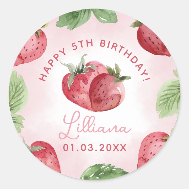 Adesivo Redondo Vinheta de Festa de aniversário de Morango com Aqu (Frente)