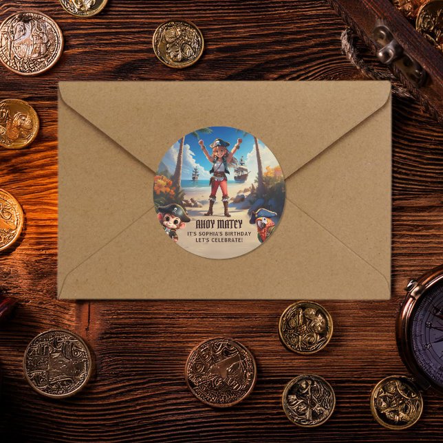 Adesivo Redondo Vinheta de Festa de aniversário Pirata da Ilha Tro (Criador carregado)
