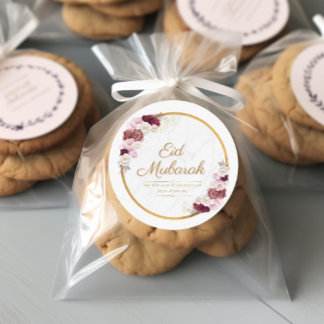 Adesivo Redondo Vinheta de Flor Rosa Eid Mubarak Personalizada