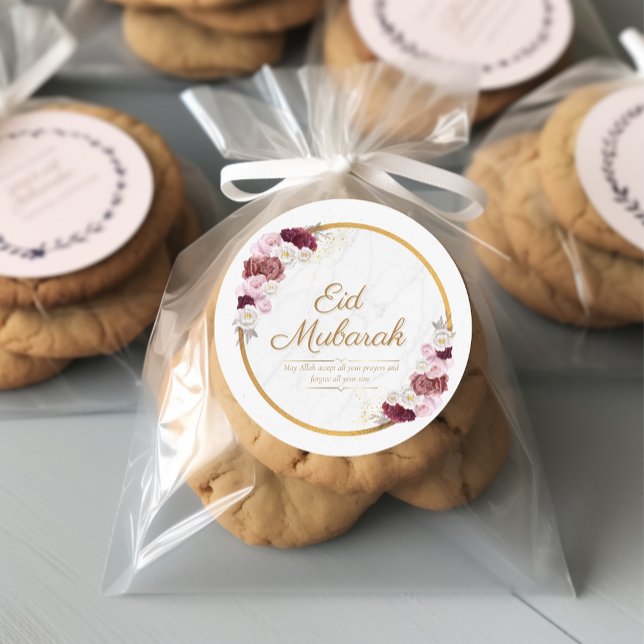 Adesivo Redondo Vinheta de Flor Rosa Eid Mubarak Personalizada (Criador carregado)