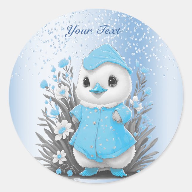 Adesivo Redondo Vinheta de Flores Azuis de Pato Aquoso (Frente)