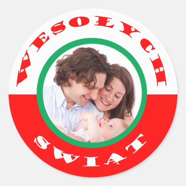 Adesivo Redondo Vinheta de Foto de Natal Polonês-Americano (Frente)