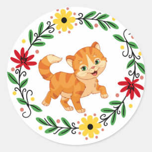 Adesivo Redondo Vinheta de Gato Flor