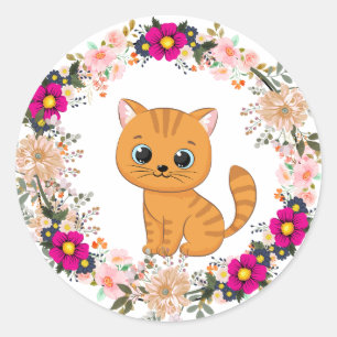 Adesivo Redondo Vinheta de Gato Flor