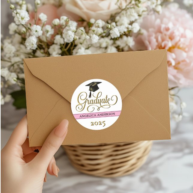 Adesivo Redondo Vinheta de Graduação de Script Elegante (Criador carregado)