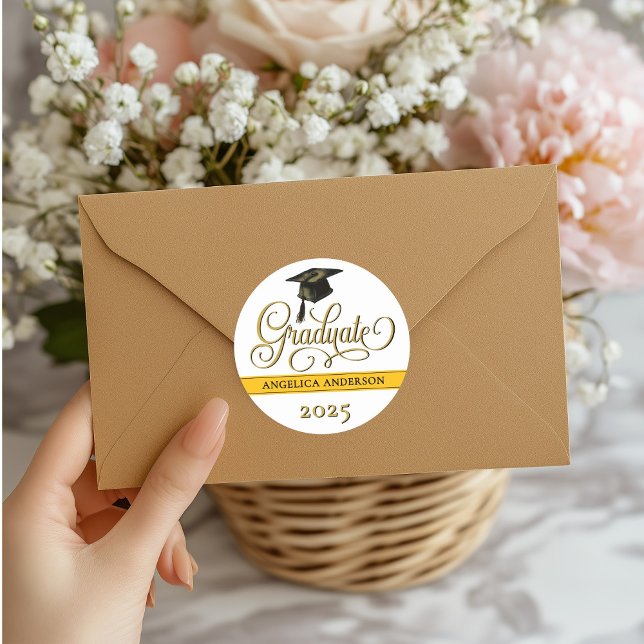 Adesivo Redondo Vinheta de Graduação de Script Elegante (Criador carregado)