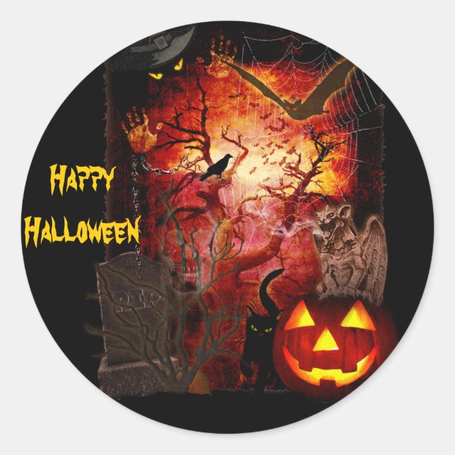 Adesivo Redondo Vinheta de Halloween assustadora (texto personaliz (Frente)