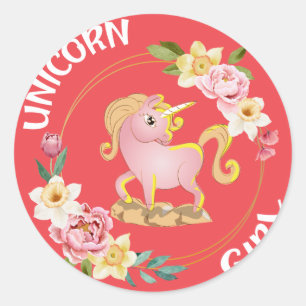 Adesivo Redondo Vinheta de Ilustração de Rapariga Unicórn