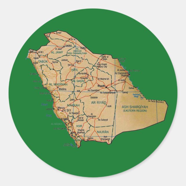 Adesivo Redondo Vinheta de Mapa da Arábia Saudita (Frente)