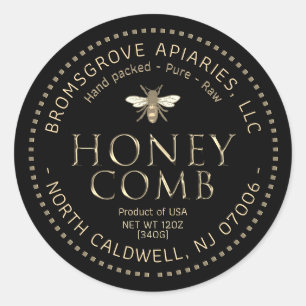 Adesivo Redondo Vinheta de mel preto Metálico Dourado com abelhas