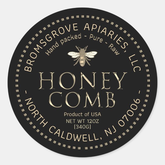 Adesivo Redondo Vinheta de mel preto Metálico Dourado com abelhas (Frente)