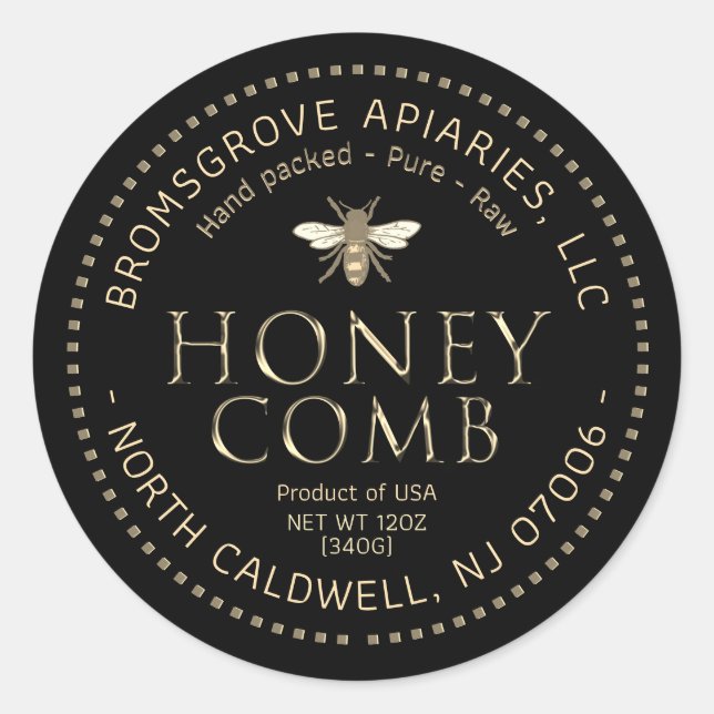 Adesivo Redondo Vinheta de mel preto Metálico Dourado com abelhas (Frente)