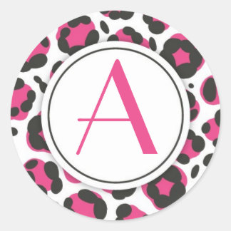 Adesivo Redondo Vinheta de Monograma de Impressão Leopardo Rosa Qu
