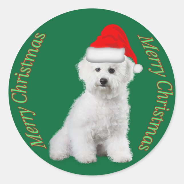 Adesivo Redondo Vinheta de Natal Bichon Frise (Frente)