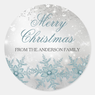 Adesivo Redondo Vinheta de Natal Blue Crystal Snowflaker