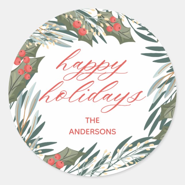 Adesivo Redondo Vinheta de Natal Clássica de Verdura Verde Simples (Frente)