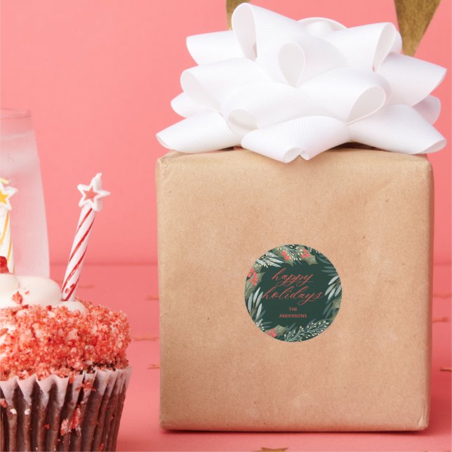 Adesivo Redondo Vinheta de Natal Clássica de Wreath Verde Escuro (Festa)