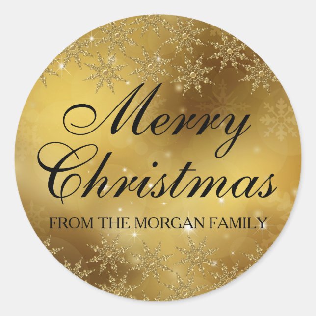 Adesivo Redondo Vinheta de Natal com Floco de Neve Dourado Sparkle (Frente)