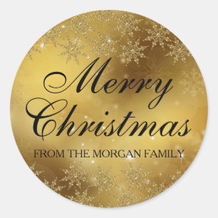 Adesivo Redondo Vinheta de Natal com Floco de Neve Dourado Sparkle