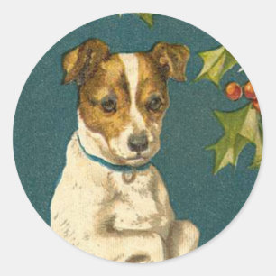 Adesivo Redondo Vinheta de Natal de Cão Antiquado