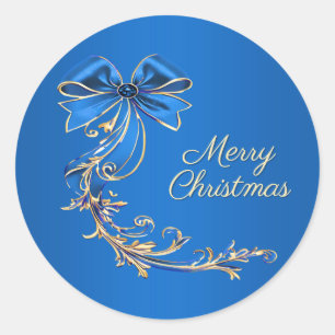 Adesivo Redondo Vinheta de Natal de Flor Dourada Azul