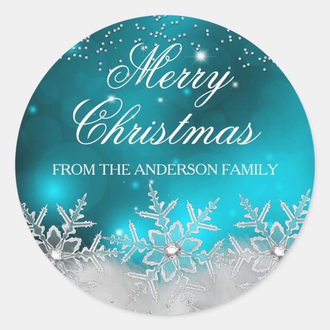Adesivo Redondo Vinheta de Natal de Teal Snowflake (Frente)