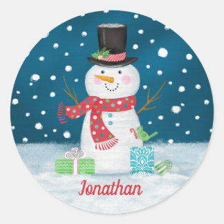 Adesivo Redondo Vinheta de Natal de Winter Holiday Snowman