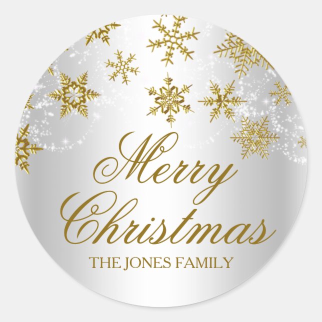 Adesivo Redondo Vinheta de Natal Dourada e Silver Floco de Neve (Frente)