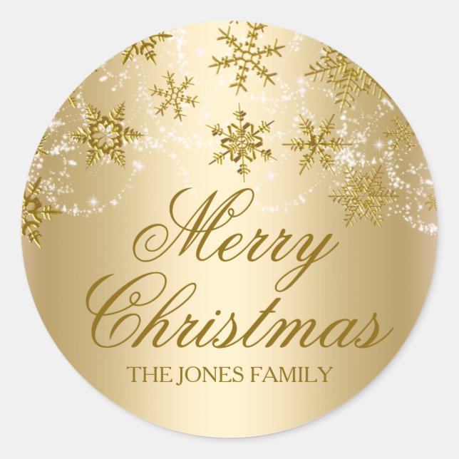 Adesivo Redondo Vinheta de Natal Dourada Shimmer Snowflaker (Frente)