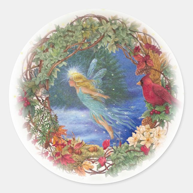 Adesivo Redondo Vinheta de Natal Fada ilustrada por magia (Frente)