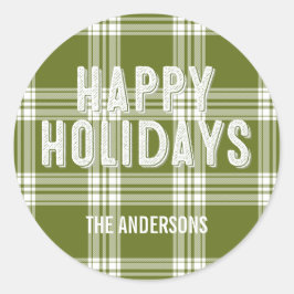 Adesivo Redondo Vinheta de Natal Feliz da Xadrez Verde