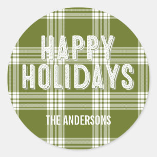 Adesivo Redondo Vinheta de Natal Feliz da Xadrez Verde