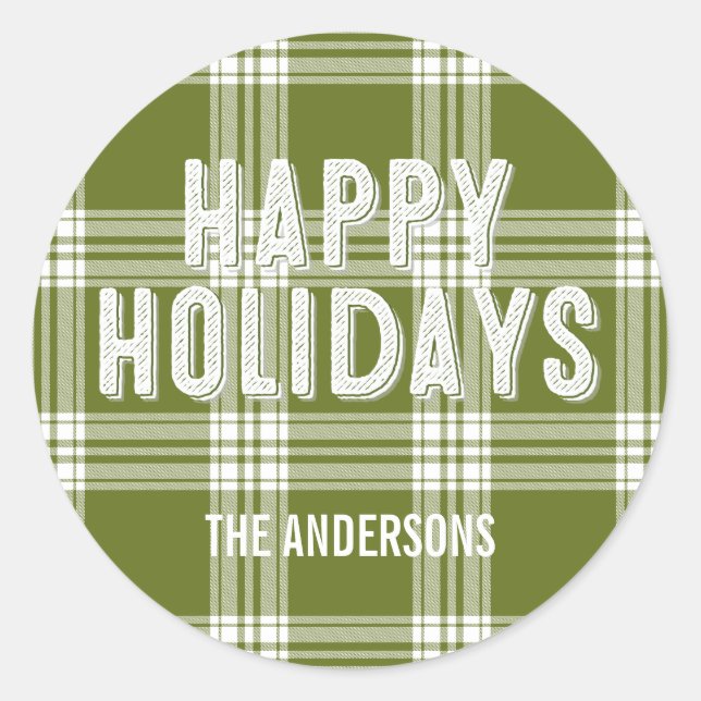 Adesivo Redondo Vinheta de Natal Feliz da Xadrez Verde (Frente)