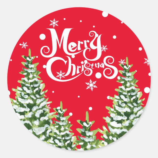 Adesivo Redondo Vinheta de Natal Feliz das Árvores de Neve (Frente)