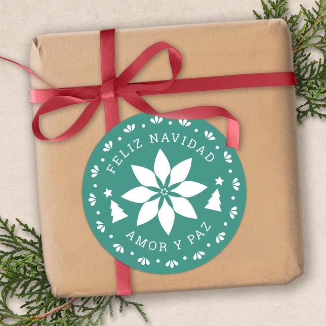 Adesivo Redondo Vinheta de Natal Feliz Navidad Poinsettia (Feliz Navidad Poinsettia Christmas Sticker by Fiesta Valley Print)