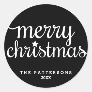 Adesivo Redondo Vinheta de Natal Festivo, Preto e Branco