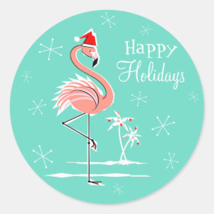 Adesivo Redondo Vinheta de Natal Flamingo Happy Holidays