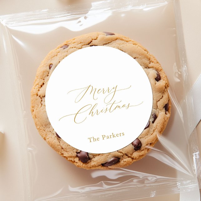 Adesivo Redondo Vinheta de Natal Merry Script Dourado (Criador carregado)