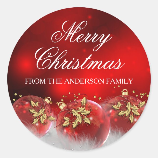 Adesivo Redondo Vinheta de Natal Red & Dourado Holly Baubles (Frente)