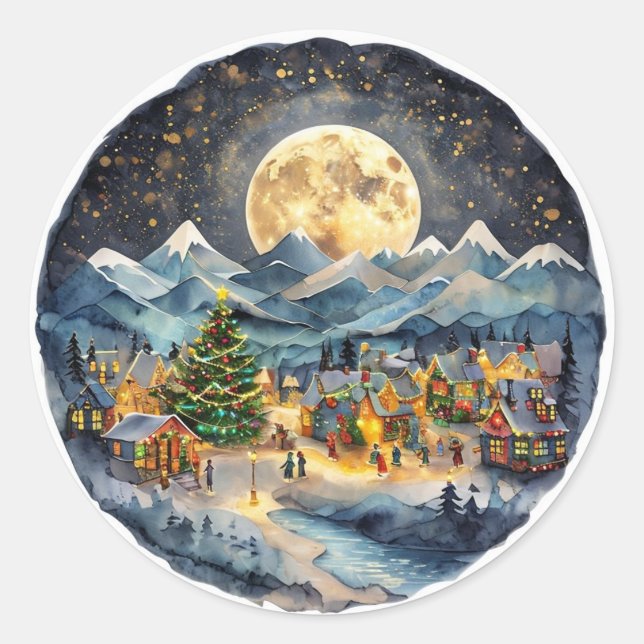 Adesivo Redondo Vinheta de Natal, Vinheta de Cena de Férias (Frente)