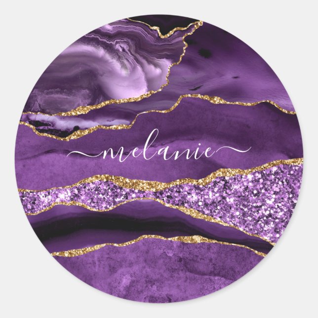 Adesivo Redondo Vinheta de Nome Personalizado Glitter Dourado Roxo (Frente)