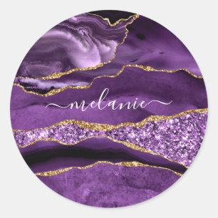 Adesivo Redondo Vinheta de Nome Personalizado Glitter Dourado Roxo