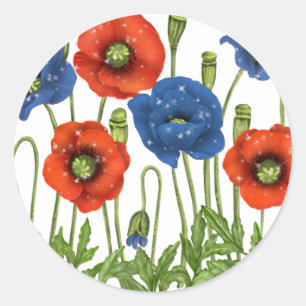 Adesivo Redondo Vinheta de Poppies Vermelhas e Azuis