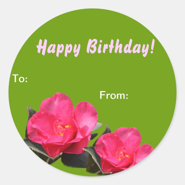 Adesivo Redondo vinheta de presente de aniversário da camellia ros (Frente)