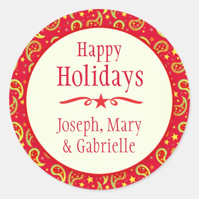 Adesivo Redondo vinheta de presentes de Natal paisley vermelho (Frente)