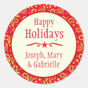 Adesivo Redondo vinheta de presentes de Natal paisley vermelho